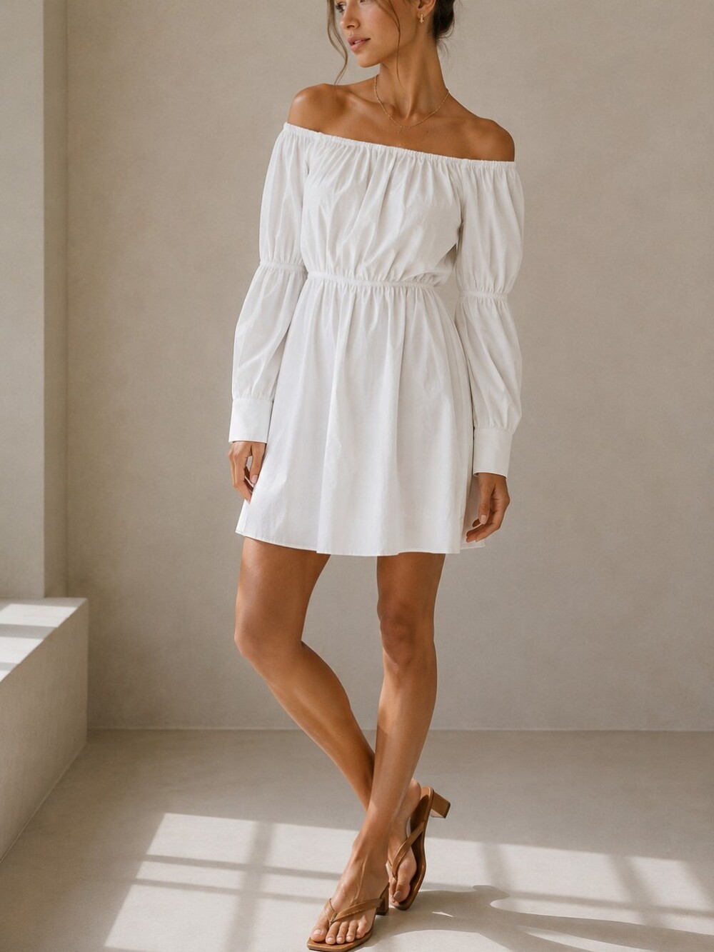 Jourden white off-the-shoulder mini dress long sleeves smocked waist cottagecore